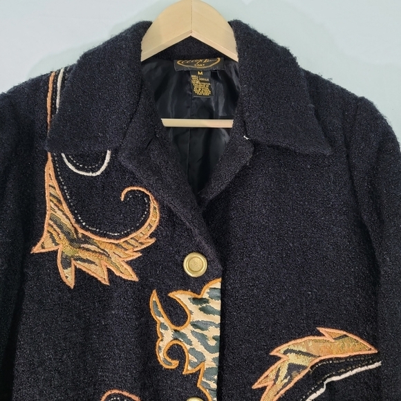 Alex Kim Black/Gold Boucle Jacket Sz M Embroidery Patches Button-Up Lined Pocket - Picture 3 of 12